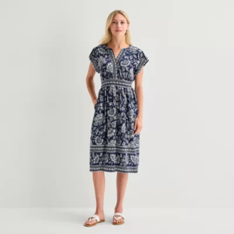 5th + Madison Edit Womens Petite Midi V Neck Sleeveless Cuffed Abstract Fit Flare Dress