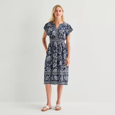 5th + Madison Edit Womens Petite Midi V Neck Sleeveless Cuffed Abstract Fit Flare Dress