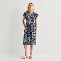 5th + Madison Edit Womens Petite Midi V Neck Sleeveless Cuffed Abstract Fit Flare Dress