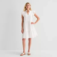 5th + Madison Edit Womens Petite V Neck Sleeveless Shift Dress