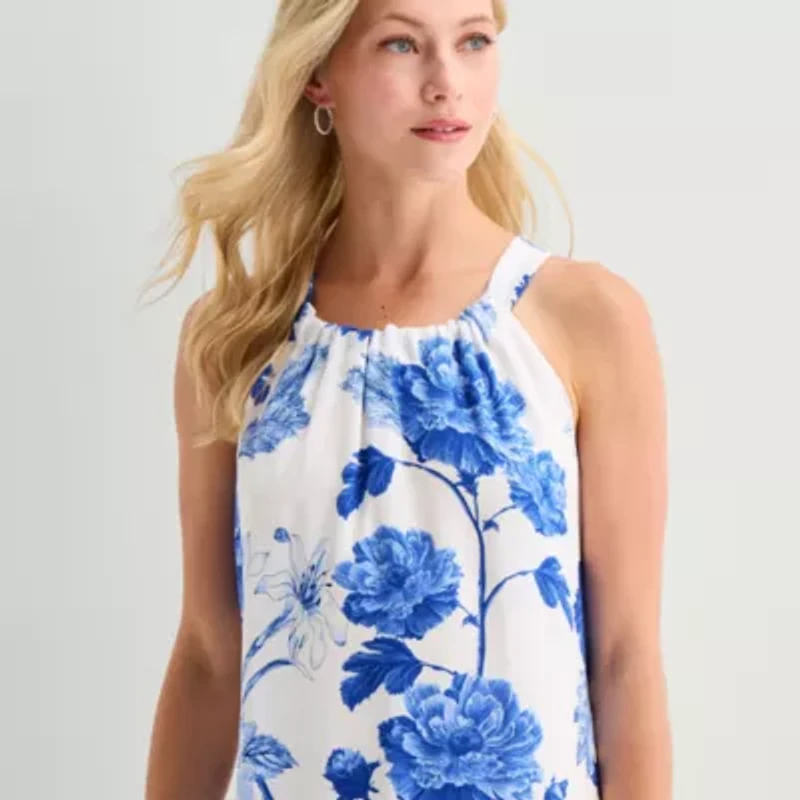 5th + Madison Edit Womens Petite Midi Round Neck Sleeveless Floral Fit Flare Dress