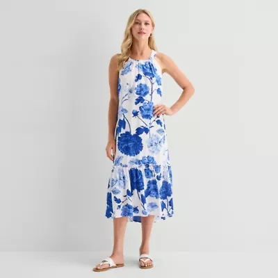 5th + Madison Edit Womens Petite Midi Round Neck Sleeveless Floral Fit Flare Dress