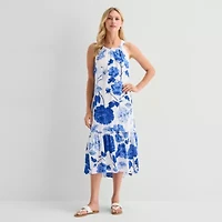 5th + Madison Edit Womens Petite Midi Round Neck Sleeveless Floral Fit Flare Dress