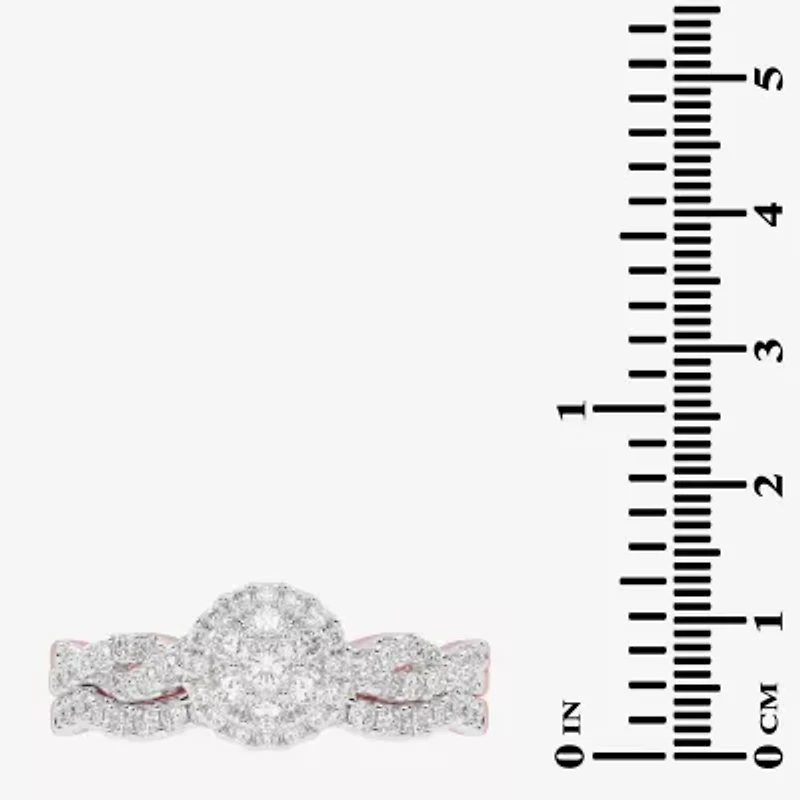 Womens / CT. T.W. Natural White Diamond 10K Gold Round Side Stone Halo Bridal Set