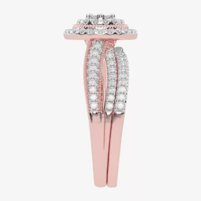 Womens / CT. T.W. Natural White Diamond 10K Gold Round Side Stone Halo Bridal Set