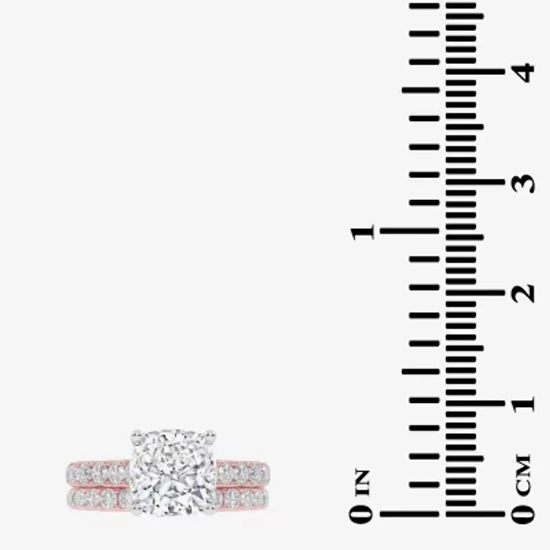 (G-H / Vs2-Si1) Womens 3 CT. T.W. Lab Grown White Diamond 14K Gold Cushion Side Stone Bridal Set