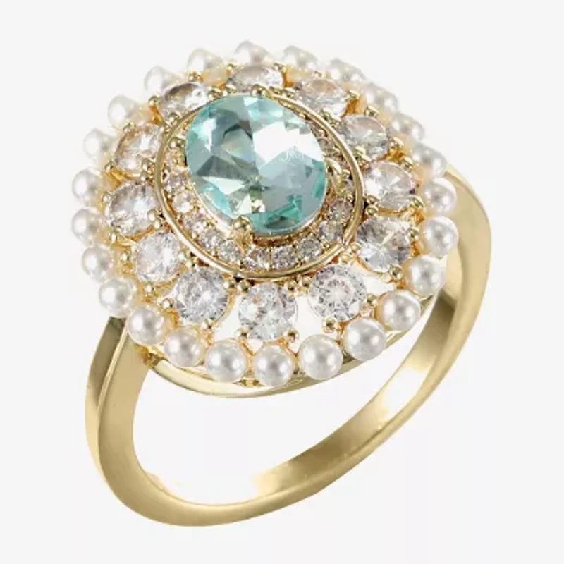 Sparkle Allure Womens Green Crystal 14K Gold Over Brass Oval Halo Cocktail Ring