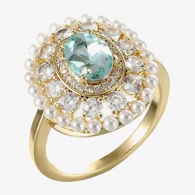 Sparkle Allure Womens Green Crystal 14K Gold Over Brass Oval Halo Cocktail Ring