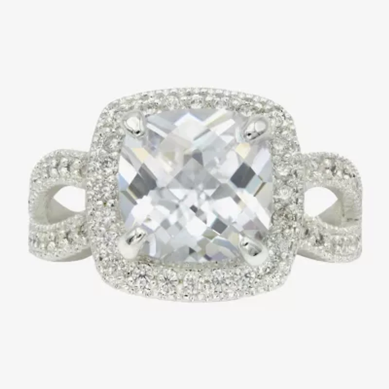 Sparkle Allure Womens Cubic Zirconia Pure Silver Over Brass Cushion Halo Engagement Ring