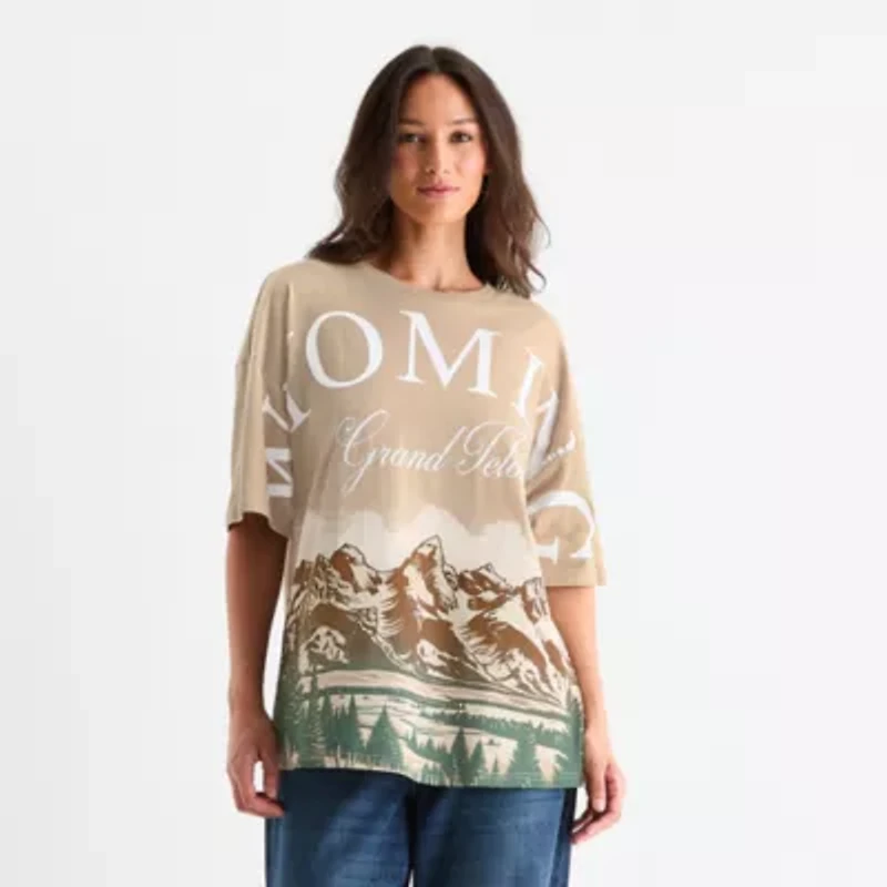 Wyoming Grand Teton Oversized Tee Womens Crew Neck Short Sleeve Juniors Graphic T-Shirt