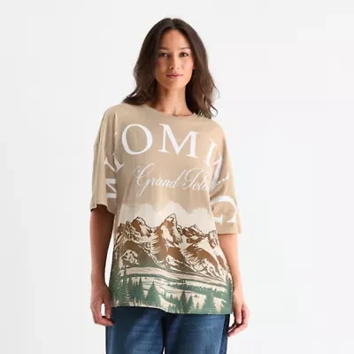Wyoming Grand Teton Oversized Tee Womens Crew Neck Short Sleeve Juniors Graphic T-Shirt