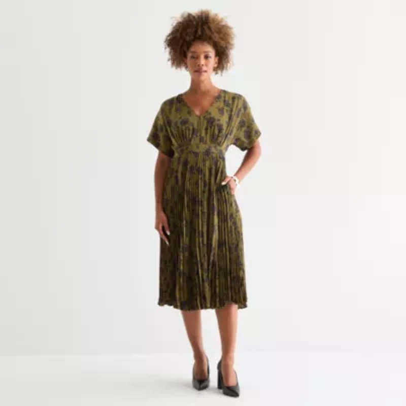 Melonie T Womens Short Sleeve Floral Midi Fit + Flare Dress