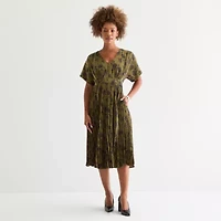 Melonie T Womens Short Sleeve Floral Midi Fit + Flare Dress
