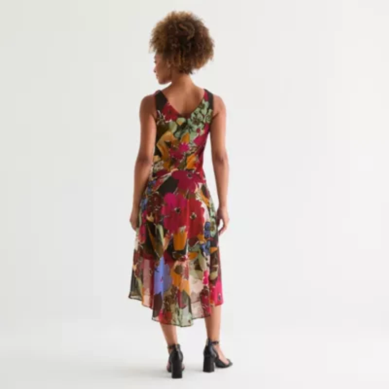Robbie Bee Womens Sleeveless Floral Midi Fit + Flare Dress