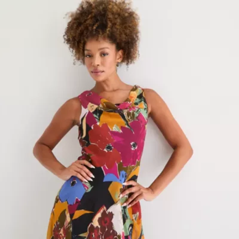 Robbie Bee Womens Sleeveless Floral Midi Fit + Flare Dress