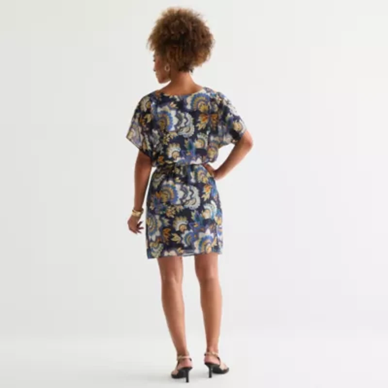 Robbie Bee Womens Short Sleeve Floral Fit + Flare Dress
