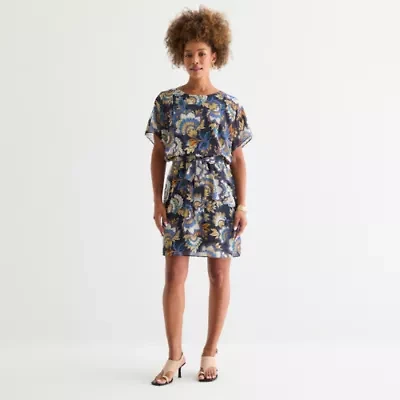 Robbie Bee Womens Short Sleeve Floral Fit + Flare Dress
