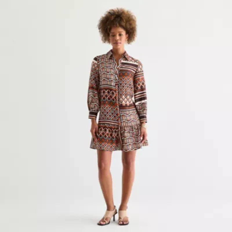 52seven Womens Long Sleeve Geometric Shift Dress