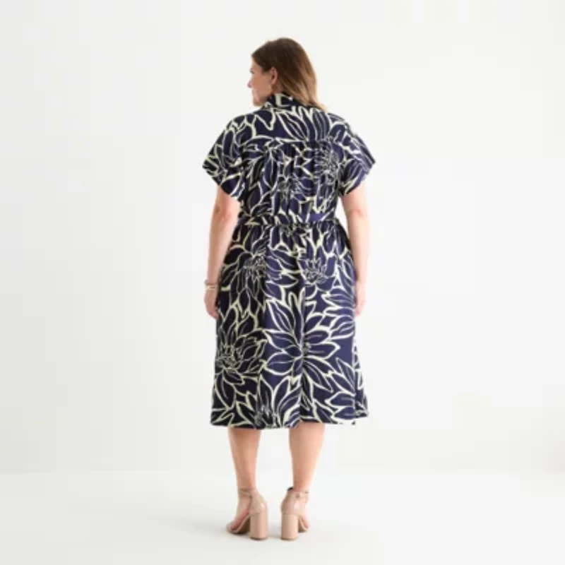 Sandra Darren Womens Short Sleeve Floral Midi Plus Fit + Flare Dress