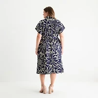 Sandra Darren Womens Short Sleeve Floral Midi Plus Fit + Flare Dress