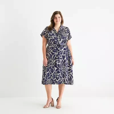 Sandra Darren Womens Short Sleeve Floral Midi Plus Fit + Flare Dress