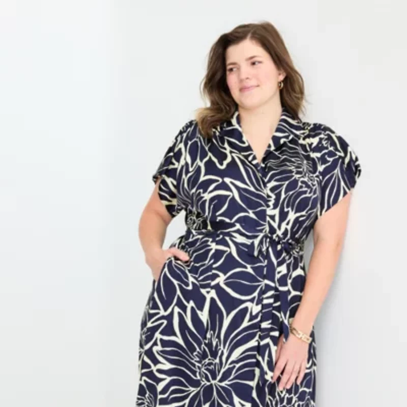 Sandra Darren Womens Plus Short Sleeve Floral Midi Fit + Flare Dress