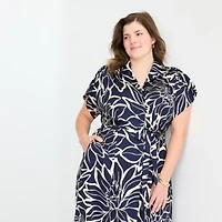 Sandra Darren Womens Plus Short Sleeve Floral Midi Fit + Flare Dress