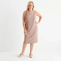 Maya Brooke Womens Pearl Trim Plaid Jacket Dress Plus