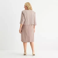 Maya Brooke Womens Pearl Trim Plaid Jacket Dress Plus