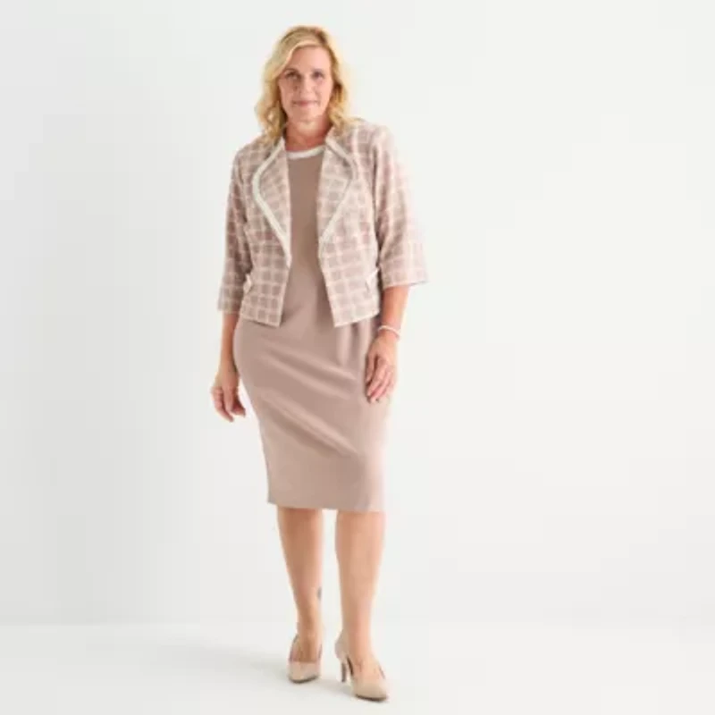 Maya Brooke Womens Pearl Trim Plaid Jacket Dress Plus