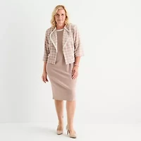 Maya Brooke Womens Pearl Trim Plaid Jacket Dress Plus