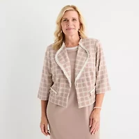 Maya Brooke Womens Pearl Trim Plaid Jacket Dress Plus