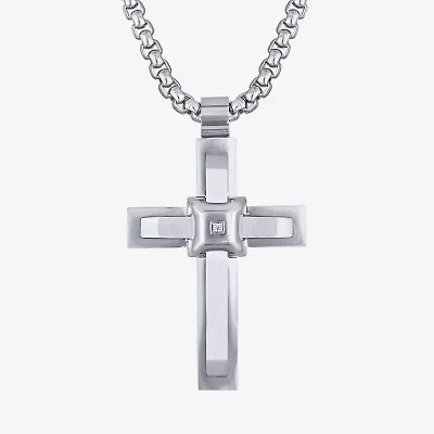 Mens White Cubic Zirconia Stainless Steel Cross 24 Inch Pendant Necklace