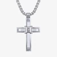 Mens White Cubic Zirconia Stainless Steel Cross 24 Inch Pendant Necklace