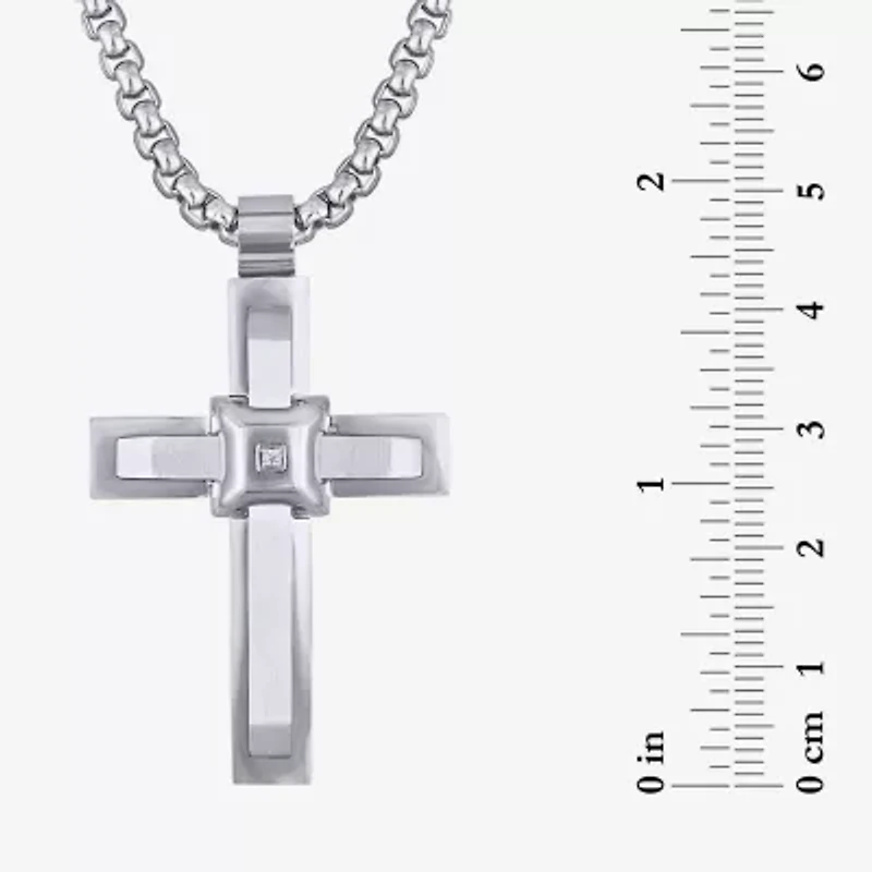 Mens White Cubic Zirconia Stainless Steel Cross 24 Inch Pendant Necklace