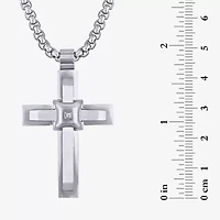 Mens White Cubic Zirconia Stainless Steel Cross 24 Inch Pendant Necklace