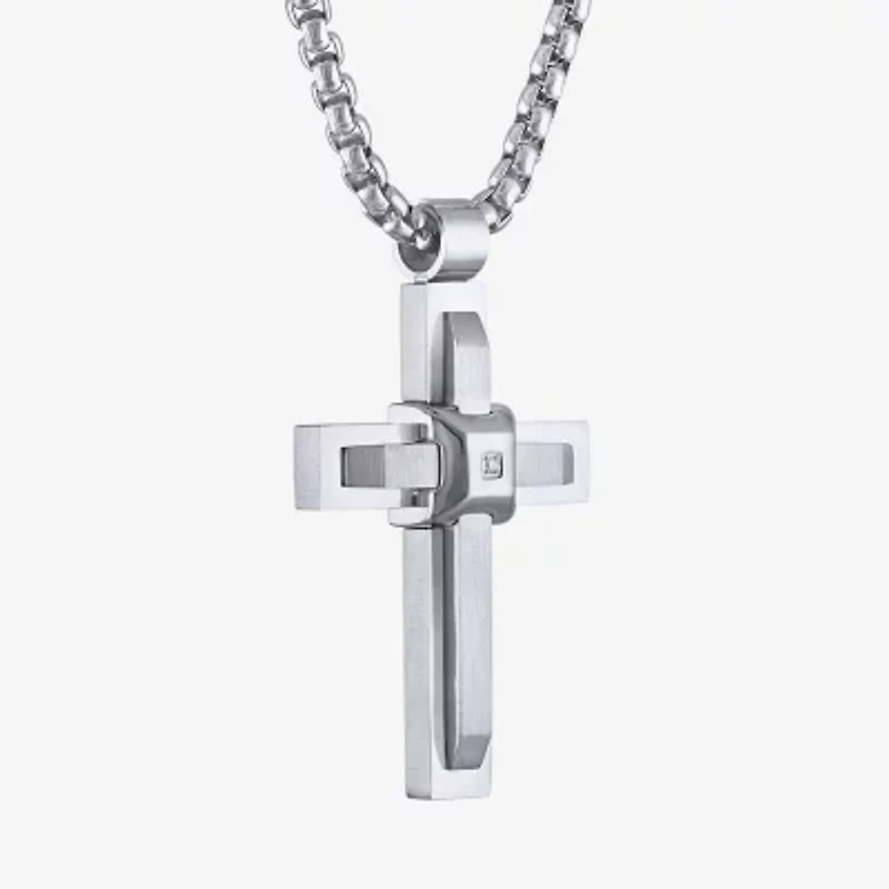 Mens White Cubic Zirconia Stainless Steel Cross 24 Inch Pendant Necklace