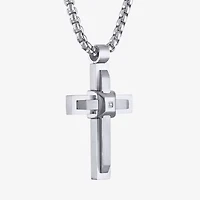 Mens White Cubic Zirconia Stainless Steel Cross 24 Inch Pendant Necklace