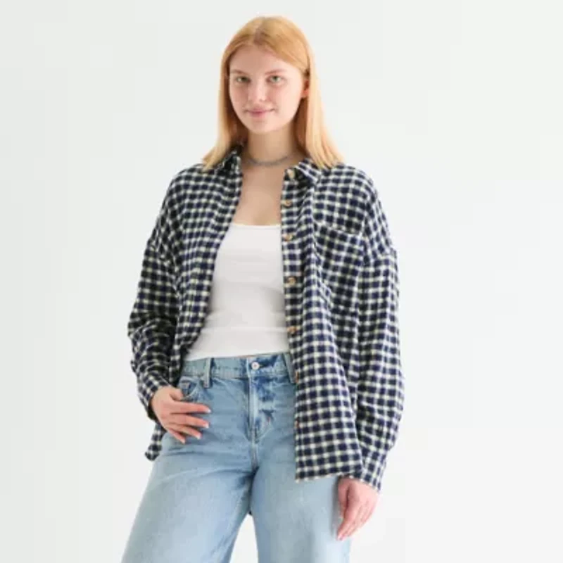 Arizona Womens Long Sleeve Oversized Juniors Button-Down Shirt