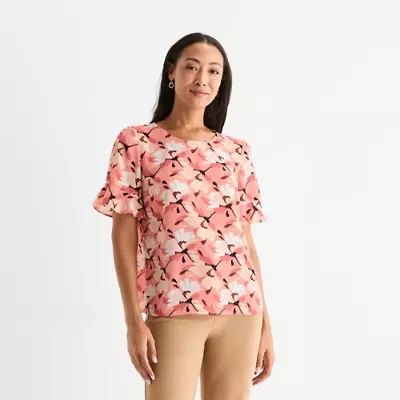 Liz Claiborne Womens Crew Neck Short Sleeve Blouse