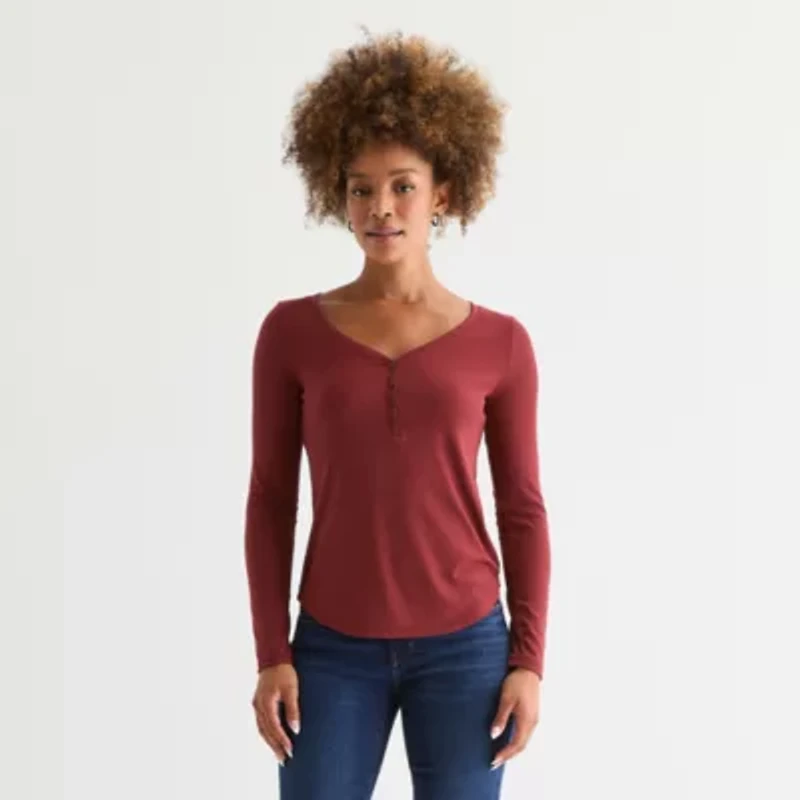 a.n.a Womens Henley Neck Long Sleeve T-Shirt
