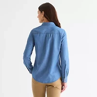 St. John's Bay Womens Easy-on + Easy-off Hidden Access Opening Cuffed Long Sleeve Regular Fit Button-Down Shirt