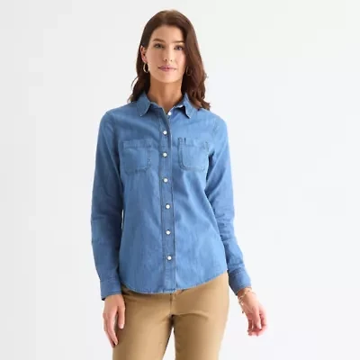 St. John's Bay Womens Easy-on + Easy-off Hidden Access Opening Cuffed Long Sleeve Regular Fit Button-Down Shirt