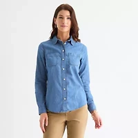 St. John's Bay Womens Easy-on + Easy-off Hidden Access Opening Cuffed Long Sleeve Regular Fit Button-Down Shirt