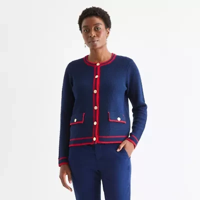 St. John's Bay Womens Crew Neck Long Sleeve Button Cardigan