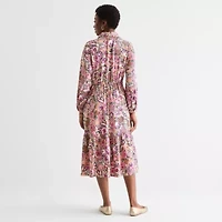 St. John's Bay Womens Long Sleeve Midi Floral A-Line Dress