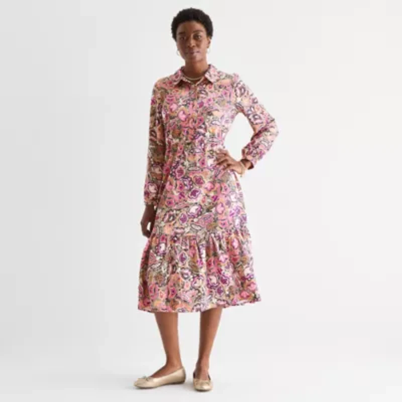 St. John's Bay Womens Long Sleeve Midi Floral A-Line Dress