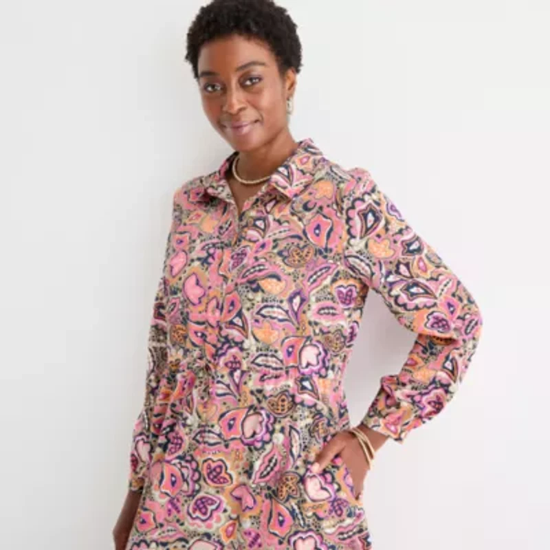 St. John's Bay Womens Long Sleeve Midi Floral A-Line Dress