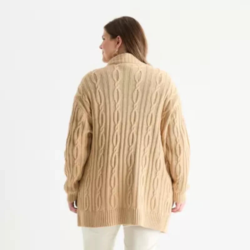 St. John's Bay Plus Womens Long Sleeve Cable Knit Cardigan