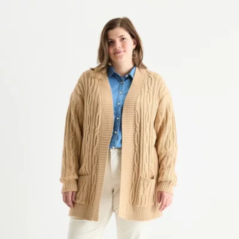 St. John's Bay Plus Womens Long Sleeve Cable Knit Cardigan